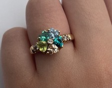10k Solid Yellow Gold Multi Color Stones And Diamond Flower Ring