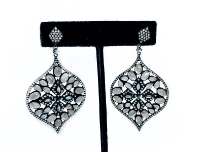 Mughal Empire Style Sterling Silver Multicolor Gemstones and Diamond Drop Earrin