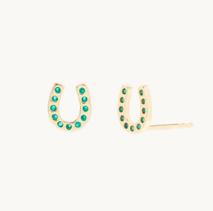 Authentic Round Cut Natural Emerald Horseshoe Stud Earrings 14K Yellow Gold Plated Silver