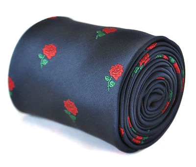 Navy Blue Mens Tie Red Rose design by Frederick Thomas England Rugby