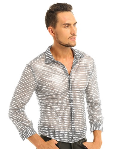 Men's Shiny Sequins Shirts Long Sleeve Button Down Shirt Disco Top Party Costume - Picture 23 of 66