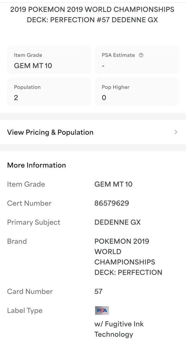 2019 DEDENNE 57/214 WORLD CHAMPIONSHIP PROMO POKEMON PSA 10 POP 2