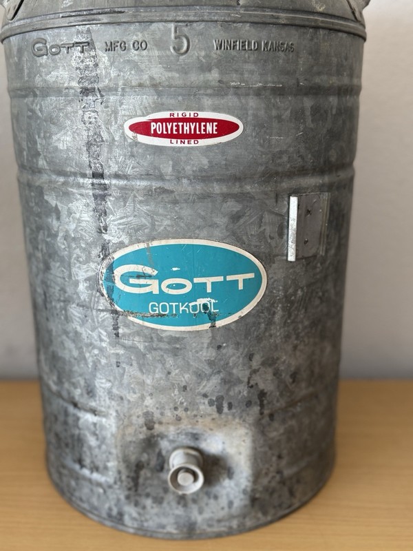 Vintage Gott 5 Gallon Galvanized Water Cooler Jug Orange Lid Polyethylene Lined