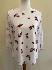 Elle Women's Floral Blouse White & Red Sheer Long Sleeves Size Large