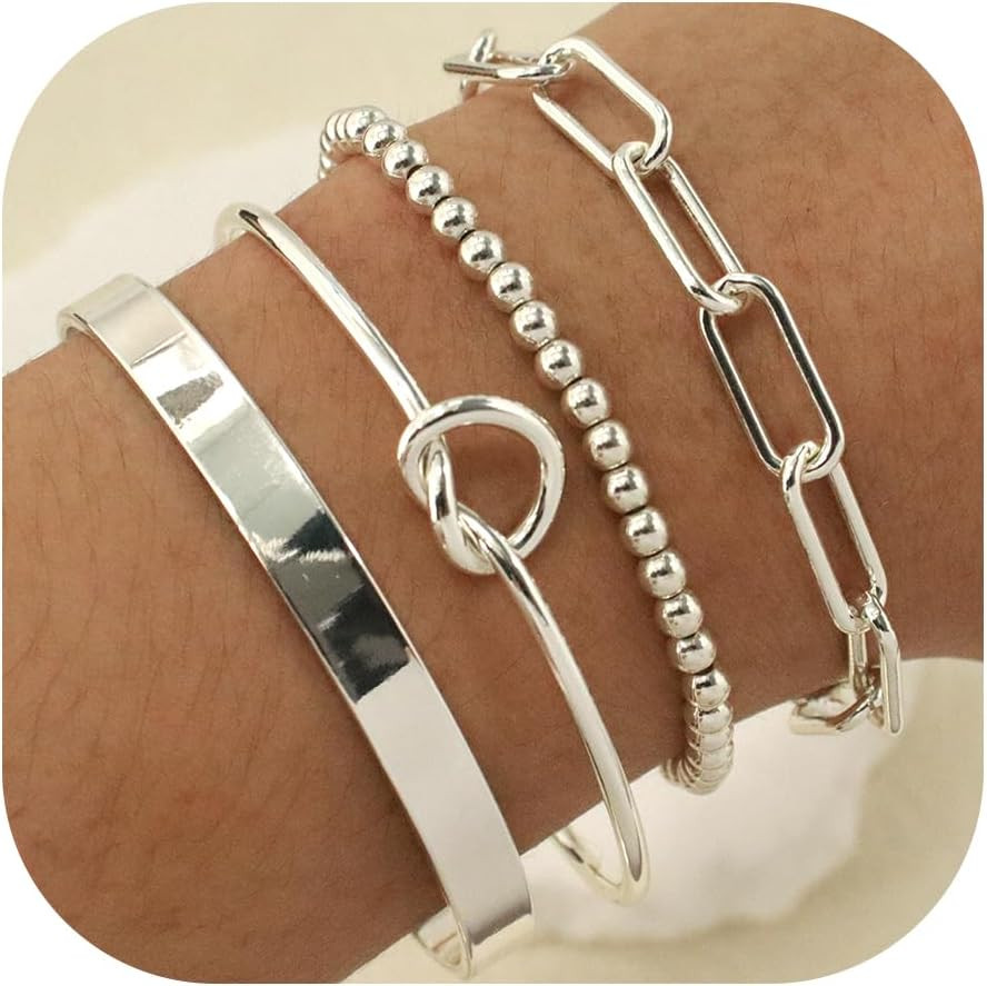925 Sterling Silver Bangle Cuff Bracelets Non Tarnish Stack Jewelry Set Trendy
