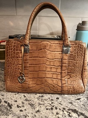 Brighton Crocodile Pattern Triple Compartment Brown Leather Satchel Handbag