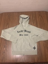 Lucky Brand Ladies Green Navy Spellout Zip Up Hoodie Size Lrg Y2K Embroidered