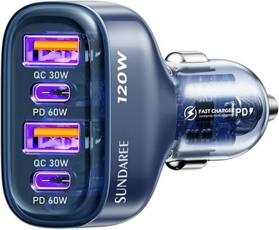 SUNDAREE Cigarette Lighter USB C, 120 W 4 Port 12 V 24 V Car Charger Type C PD