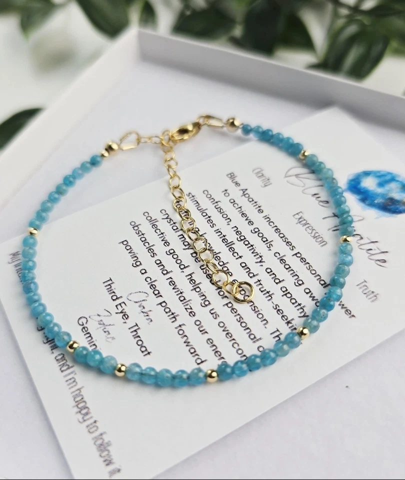 Pulsera de piedras preciosas azul apatita de 2 mm, relleno de oro o plata 925, joyería de cristal Foto 2 de 4