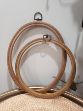 2 Vintage Flexi Hoop Frame Embroidery Needlework Wood Grain 8" Metal Hanger MCM