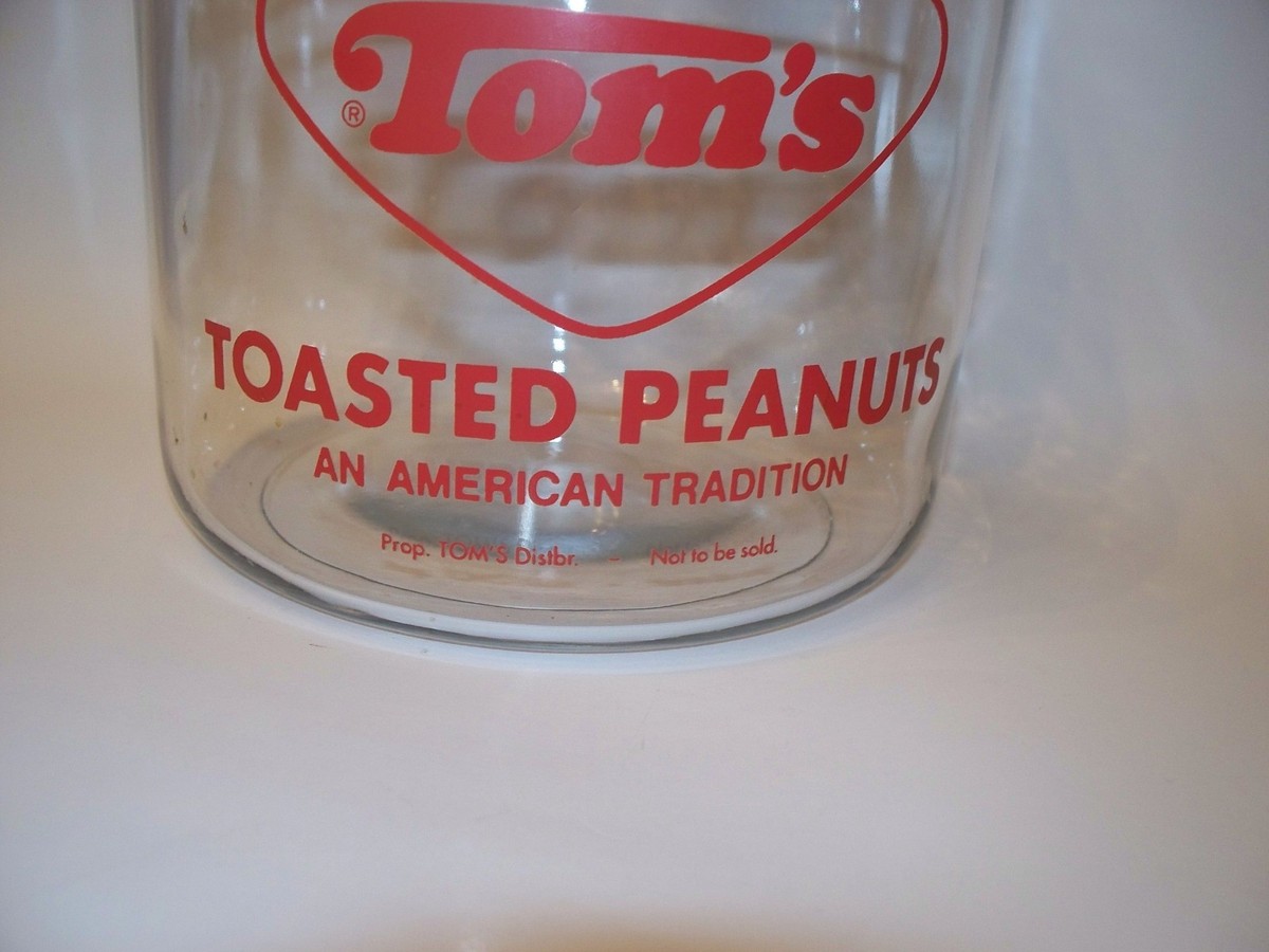 Vintage Tom's Toasted Peanuts Glass Jar Clear Lid Red Handle