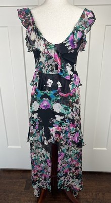 Karina Grimaldi XS Floral Ruffle High Low Maxi Dress Sheer Hem Front Slit Romanc