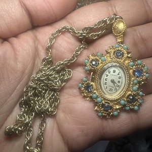 Working Vtg Wyler Pendent Necklace Watch Gold Tone Turquoise Stones Wind Up Read Wind up Watch Pendant - Etsy main image 4