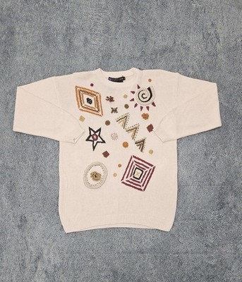 Vintage 90s IB Diffusion Embroidered Abstract Jumper Cosy Knit - Size Medium