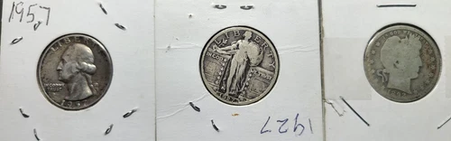 Silver Quarter Lot of 3 1892 Barber, 1927 Standing Liberty and a 1957 Washington