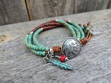 Beaded Leather Wrap Bracelet: Indian Head Nickel, Turquoise Boho Jewelry