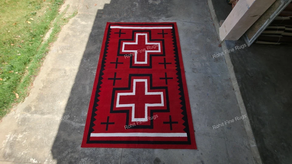 5x8 Ft Handwoven red wool Navajo rug Southwestern Pattern Native American Rug - Image 2 of 4