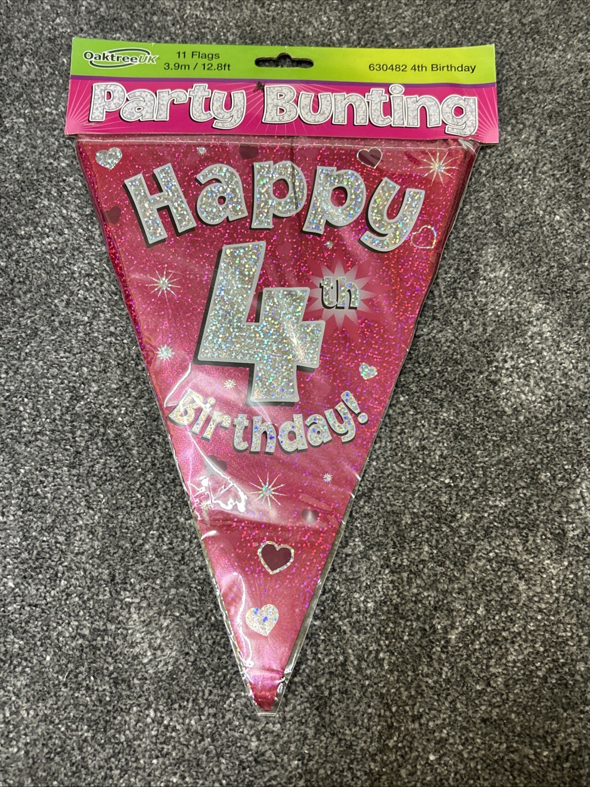 Happy 4th Birthday Blue Bunting Party Foil Holographic 12.8ft 11 Flags Girls