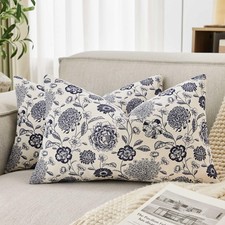 100 Cotton Botanical Lumbar Throw Pillow Covers Set of 2, 12x20 Inch Navy, F...