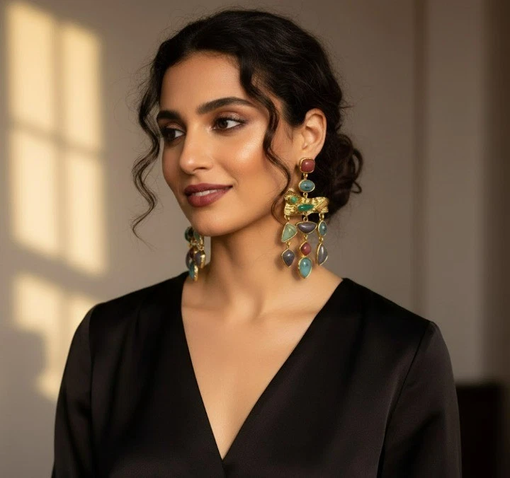 Pendientes llamativos vintage boho multicolor dorado | Regalo de cumpleaños | Resort Vacatio Foto 2 de 4