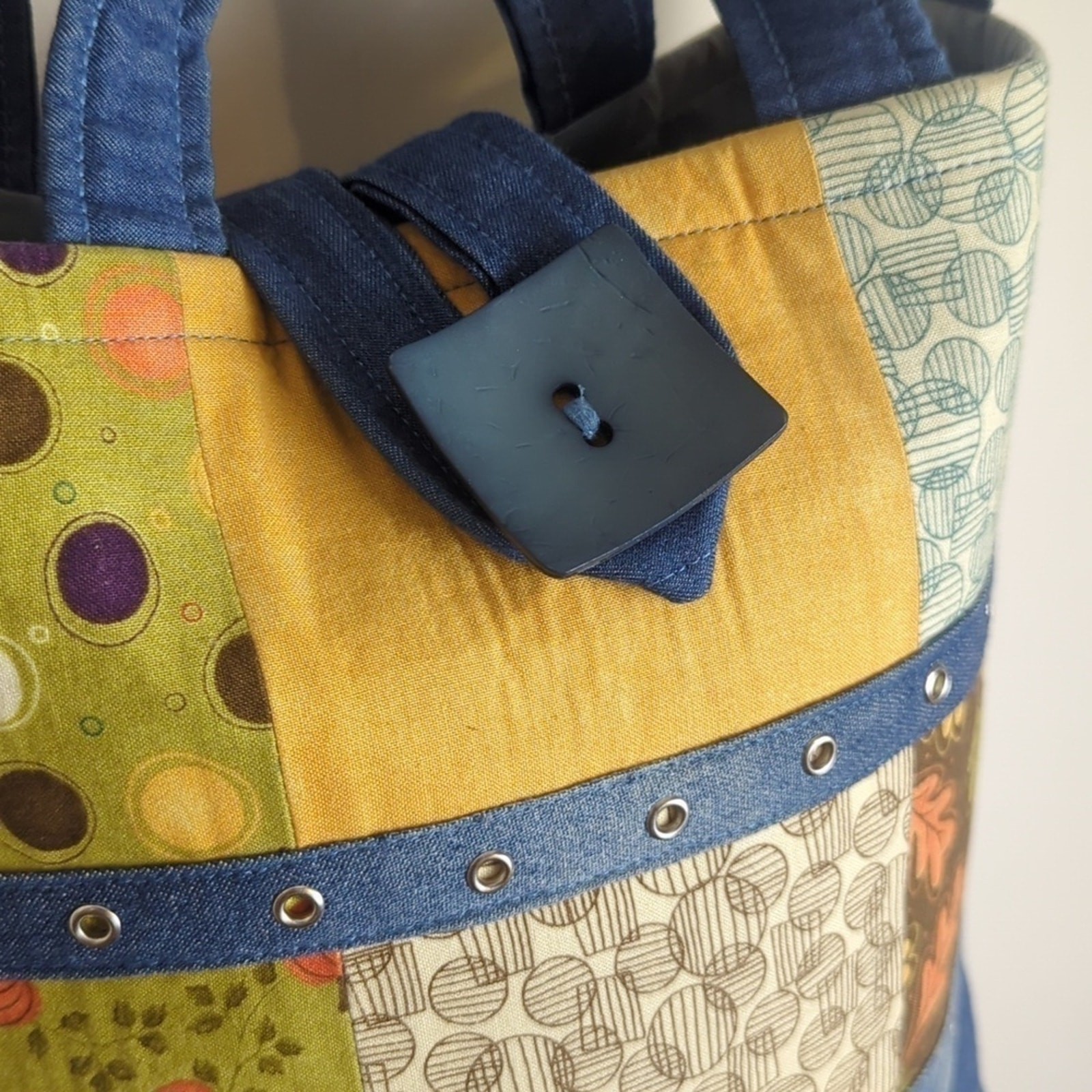 Denim Patchwork Studded Handbag/ Tote Handmade Fa… - image 2