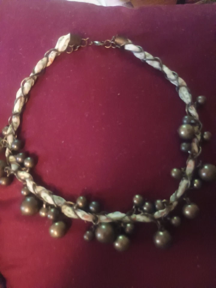 Chunky Twist Necklace Faux Pearl & Tye Dye Print Fabric Pewter Tone Metal Boho - Image 2 of 4