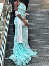 Light Blue Silver Sequin Formal Evening Gown with Matching Shawl Elegant Dress