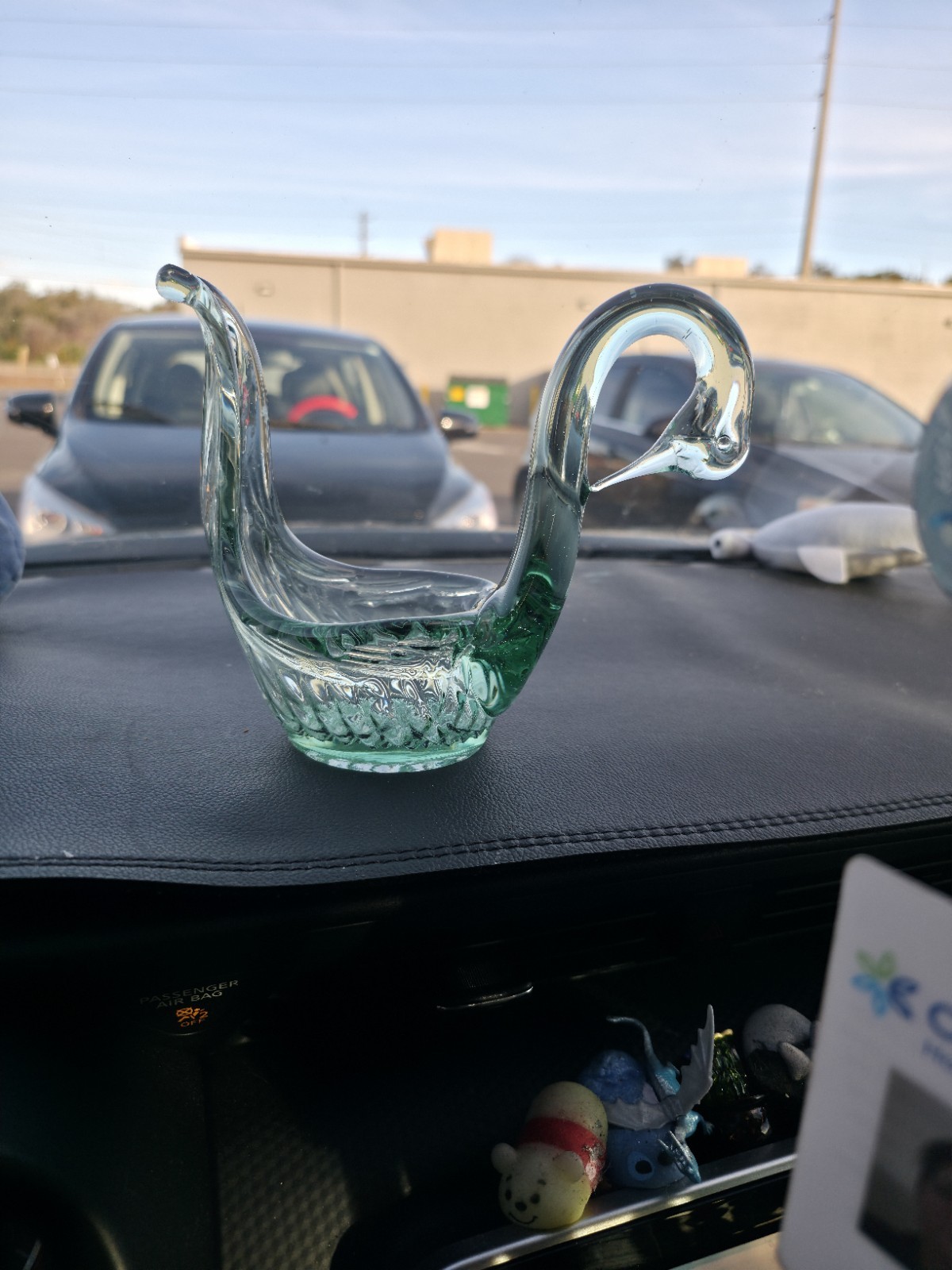 Vintage Art Glass Aqua Green Swan Candle Holder Trinket Dish