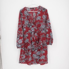 August Women's Red Floral Long Sleeve Faux Wrap Ruffle Mini Dress Size Medium