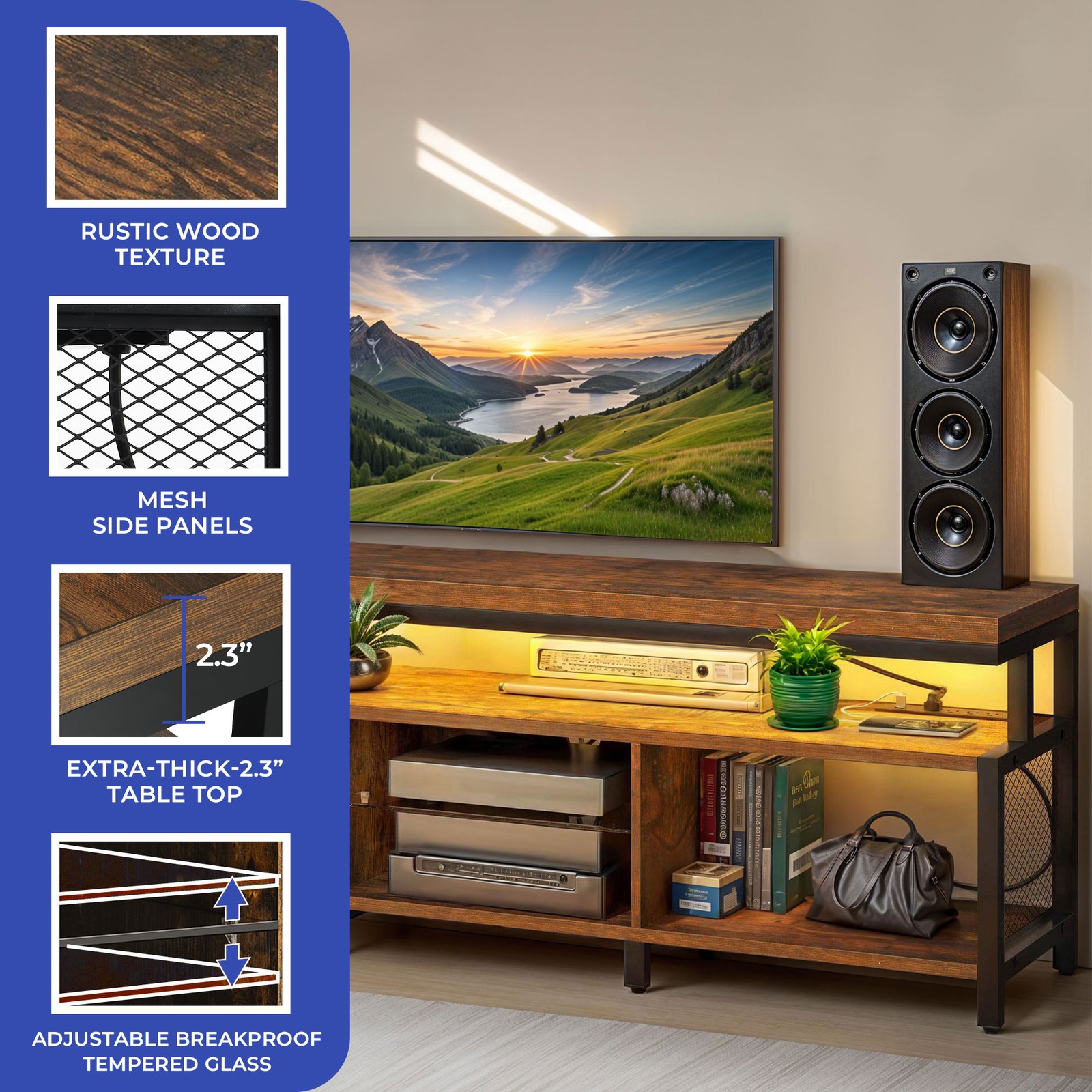 LED TV Stand for TVs Up to 70 inch With Power Outlets Media Console Living Room