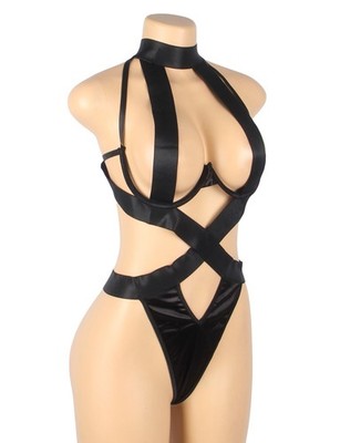 WOW BABE Teddy-Body schwarz Harness Neckholder Netz offener Schritt Größe 10 UK