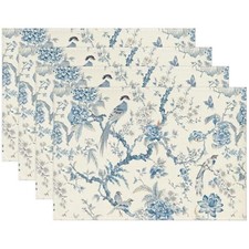 Bird Floral Placemats Set of 4, 12x18 Inch Blue Table Mats | Blue flower and