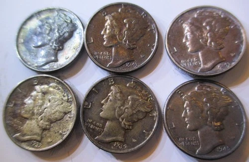 90% Silver Mercury Dimes – Silver Coin Lot (6)-AU TONED