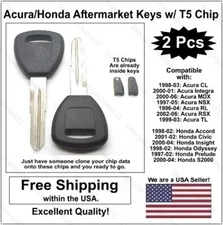 2pak: Acura / Honda Aftermarket Replacement Key Blanks with T5 Transponder chips