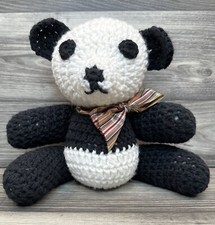 8  Handmade Knitted Cuddle Bear Toy Black/White With Scarf