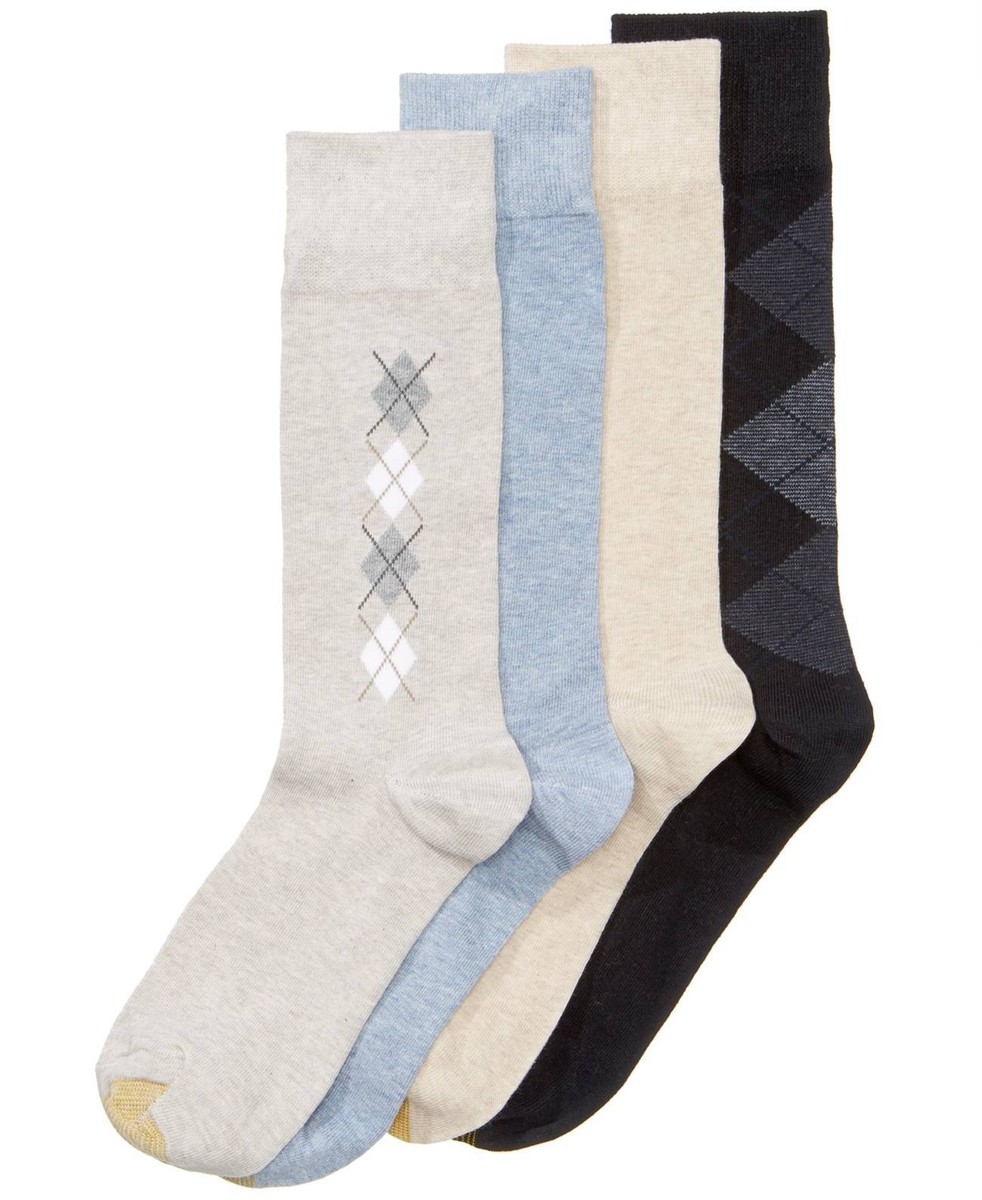$45 Gold Toe Men 4-Pair Pack Beige Blue Argyle Cotton Crew Dress Socks Shoe  6-12