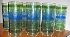 8 VTG Libbey  Juice Glasses MCM Blue Green Paisley Swirl 12 OZ TUMBLERS