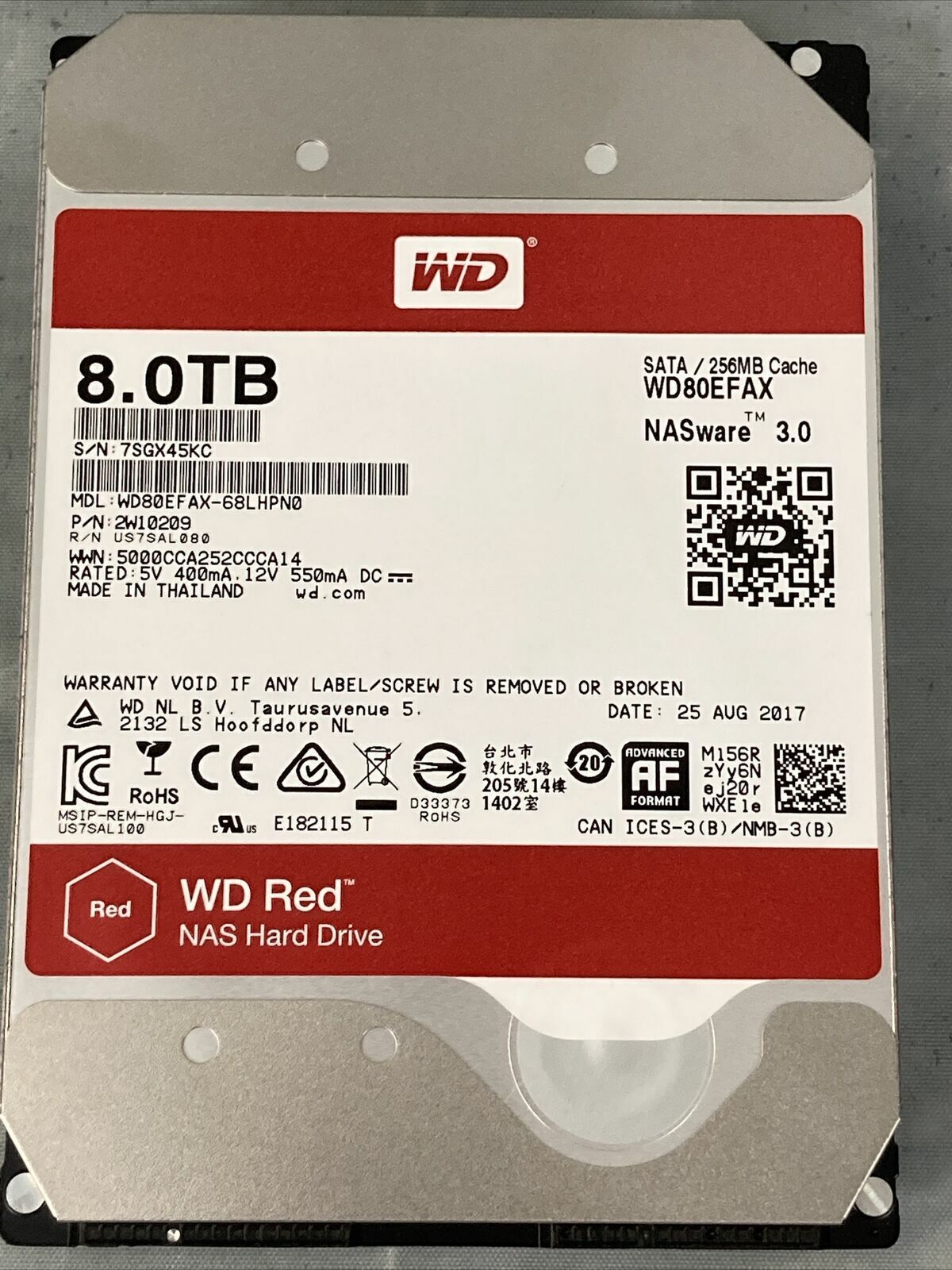 WD80EFAX WD Red 8TB NAS Hard Drive 3.5in 6Gb/s SATA / 256MB Cache, NASware 3.0 