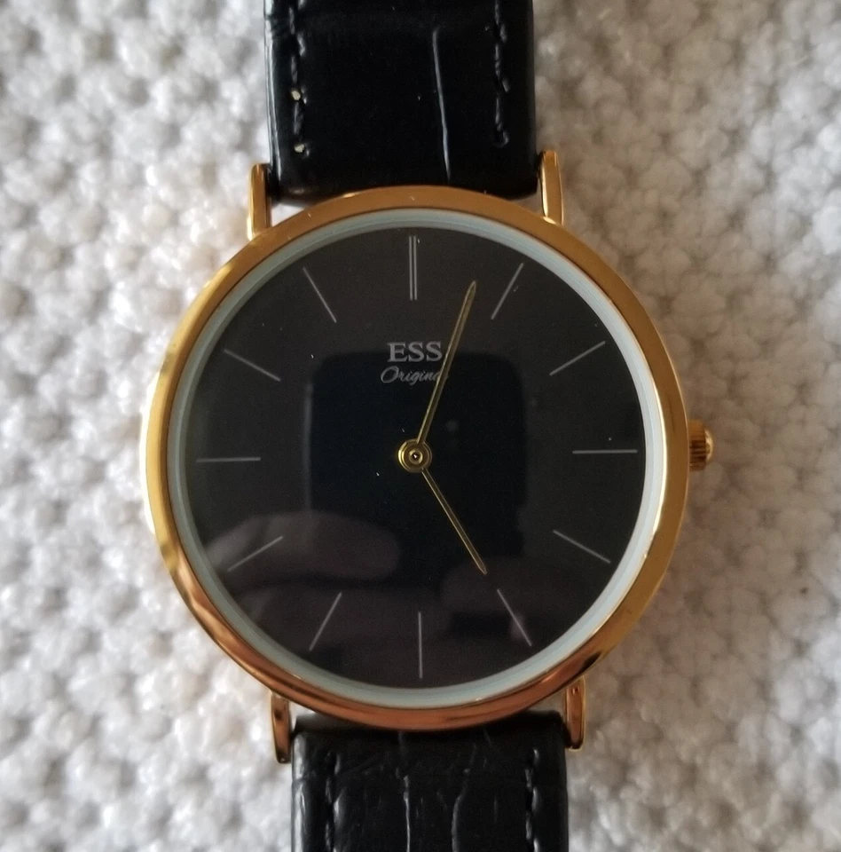 ESS Gold Tone Minimal Watch 3118 Black Dial & Leather Band 6" to 7.5" New Batt. - Image 2 of 4