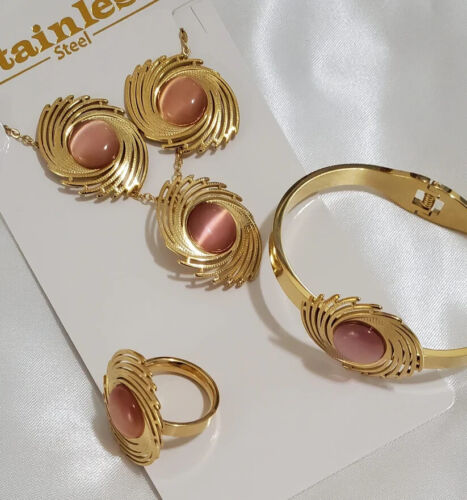 Women 18K Gold Plated Stainless Steel Pink Geometric Necklaces Jewelry Set