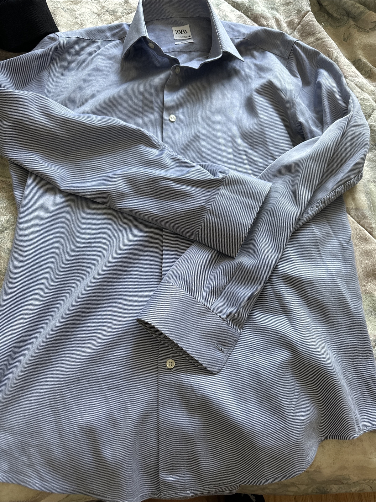 Zara Man Medium Blue White Striped Button Up Long Sleeve