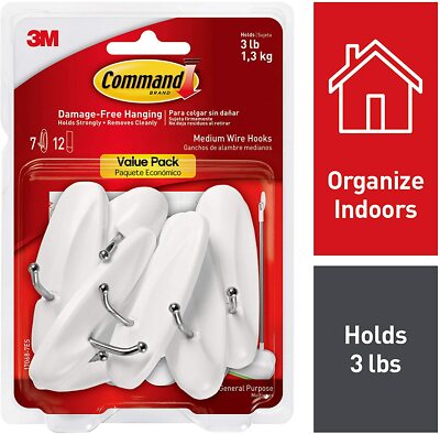 Command General Purpose Wire Hooks, Medium, 3 lb Cap, White, 7 Hooks 12 Strips