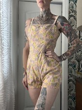 Vtg 50s Leisure Life Novelty Print Cotton Swimsuit Romper Pin Up Sweetheart S/M