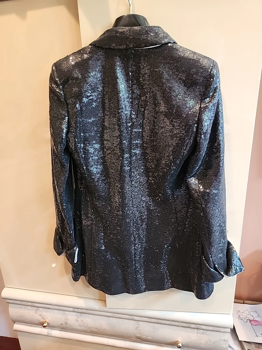 Giacca Chanel paillettes nere con polsini panna Made in France taglia 36