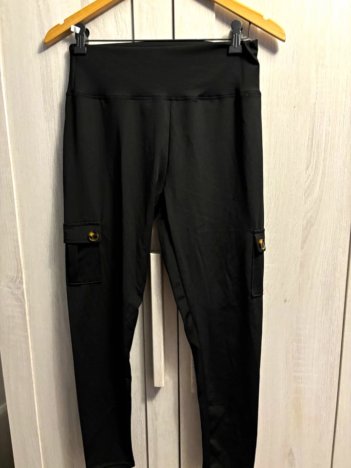 Women’s Black Cargo Leggings Stretch Pockets Button Detail Yoga Size L - Image 1 of 4