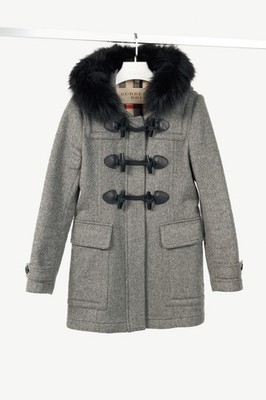 Burberry Brit Blackwell Grey Wool Fur-Trim Duffle Coat, Size US 8