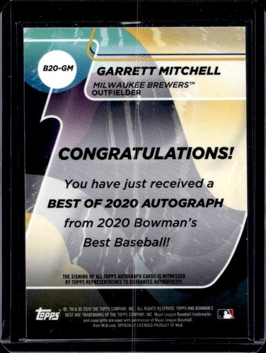 2020 Bowman's Best Garrett Mitchell Auto #B20-GM Brewers - Picture 2 of 2
