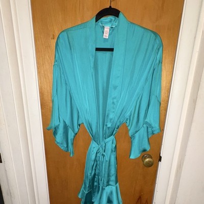 Victoria's Secret Turquoise Satin Robe Tie Accent Long Sleeve M/L