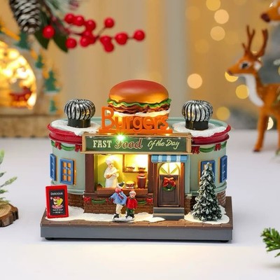 Christmas Rotating Burger Fast Food Shop Music Box LED Lighted Gift For Xmas