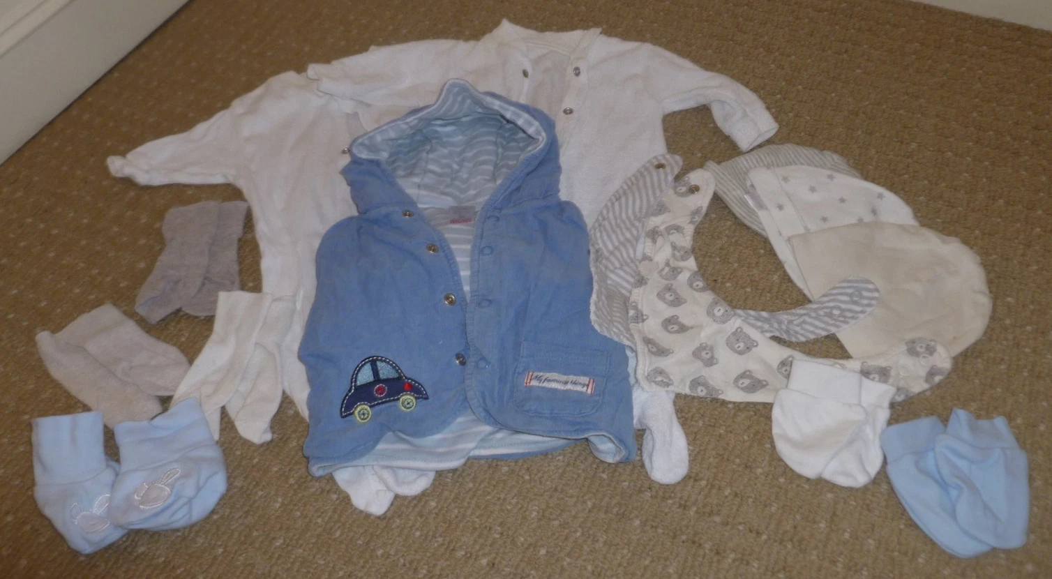 Baby clothes bundle - age Newborn - babygrow, jacket, cotton hats, socks, mitts